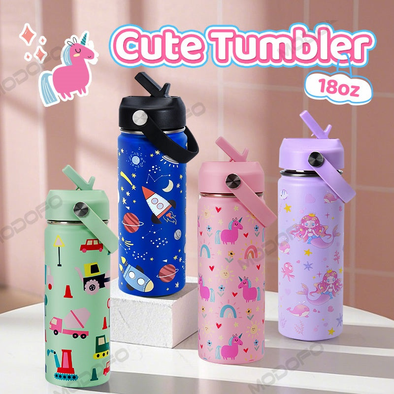MODOFO 18oz Kids Stainless Steel Water Bottle with Cute Cartoon Print