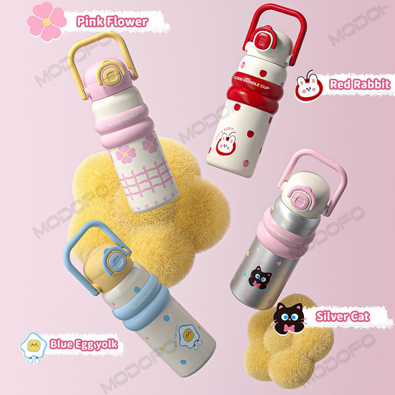 MODOFO 600ML Cute 316 Stainless Steel Portable Thermos Water Bottle with Straw