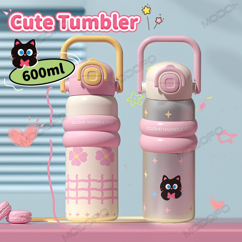 MODOFO 600ML Cute 316 Stainless Steel Portable Thermos Water Bottle with Straw