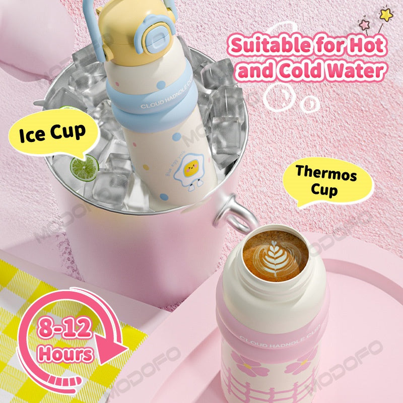 MODOFO 600ML Cute 316 Stainless Steel Portable Thermos Water Bottle with Straw