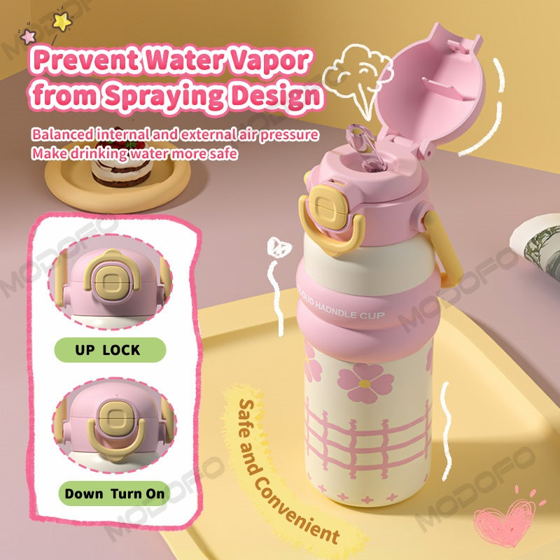 MODOFO 600ML Cute 316 Stainless Steel Portable Thermos Water Bottle with Straw