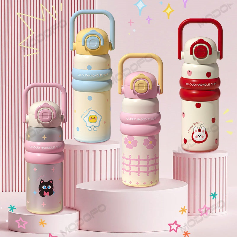 MODOFO 600ML Cute 316 Stainless Steel Portable Thermos Water Bottle with Straw