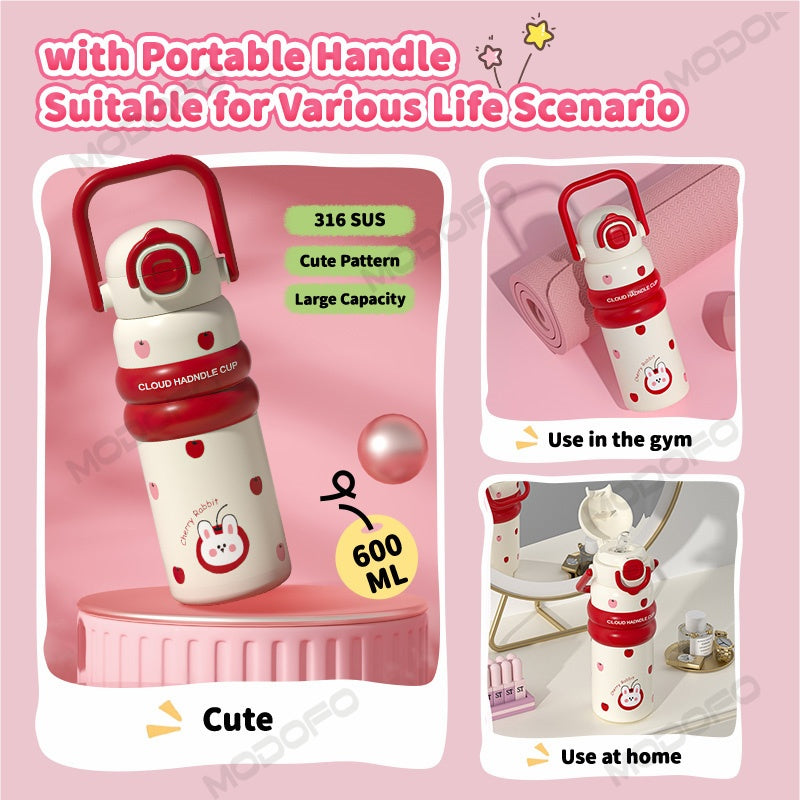 MODOFO 600ML Cute 316 Stainless Steel Portable Thermos Water Bottle with Straw
