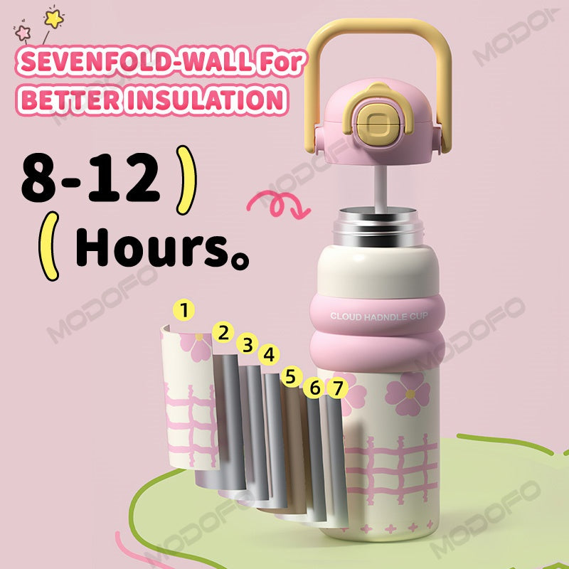 MODOFO 600ML Cute 316 Stainless Steel Portable Thermos Water Bottle with Straw