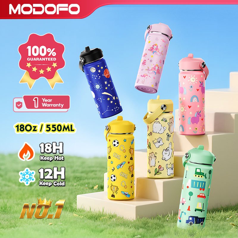 MODOFO 18oz Kids Stainless Steel Water Bottle with Cute Cartoon Print