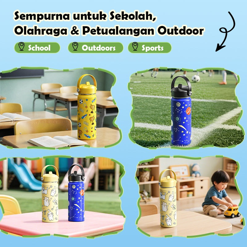 MODOFO 18oz Kids Stainless Steel Water Bottle with Cute Cartoon Print