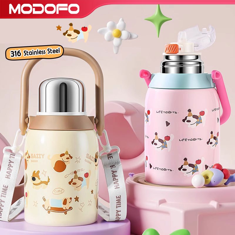 MODOFO 680ML Cartoon Cute Children's Thermos Bottle 316 Stainless Steel with Straw and Carrying Strap
