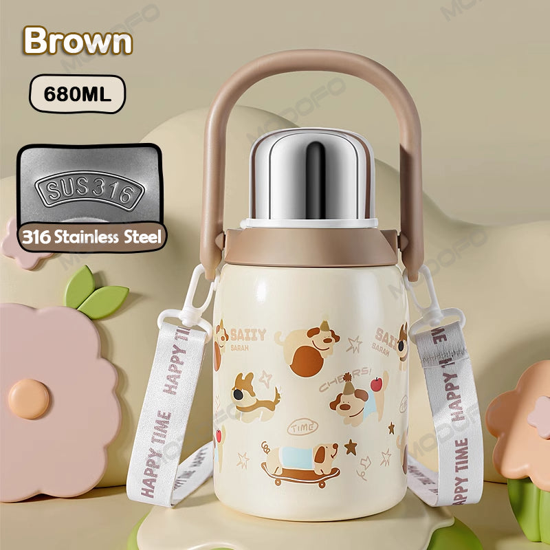 MODOFO 680ML Cartoon Cute Children's Thermos Bottle 316 Stainless Steel with Straw and Carrying Strap
