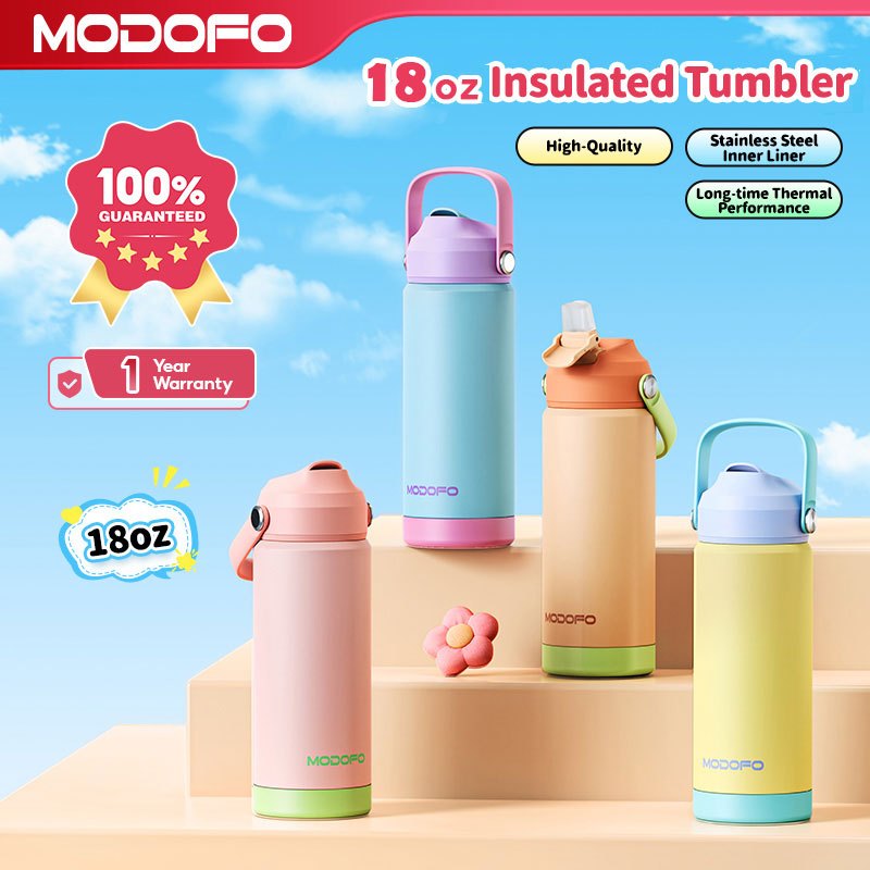 MODOFO Tumbler 18 oz Portable Stainless Steel Colorful Print Water Bottle with Straw