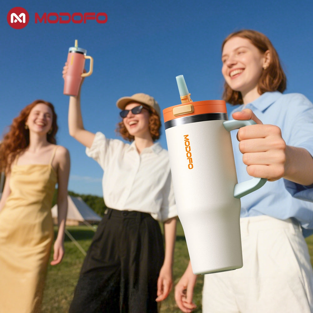 MODOFO 32oz pop-up bottle with straw, beautiful and cold-resistant stainless steel thermos