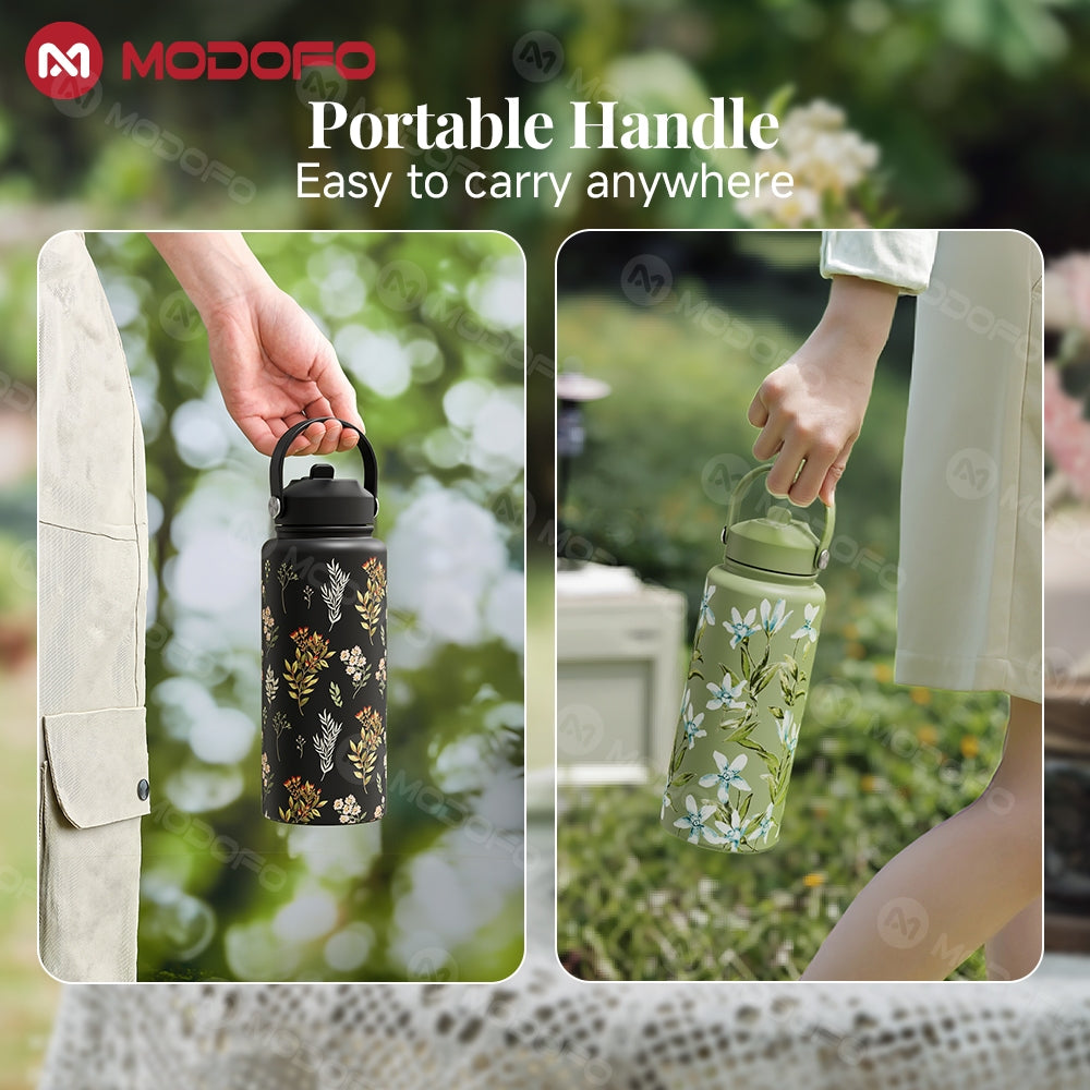 MODOFO 1000ML Portable Water Bottle with Straw Fashion Print Built-in Straw