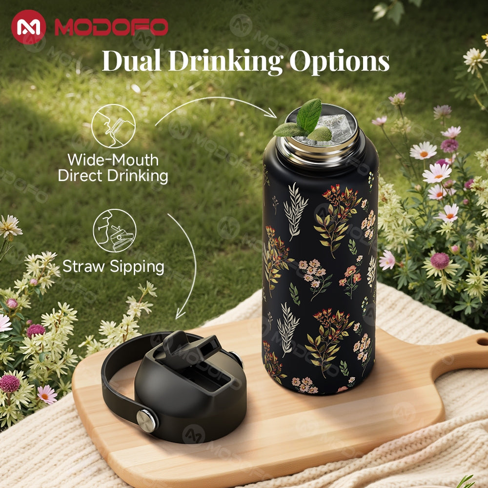 MODOFO 1000ML Portable Water Bottle with Straw Fashion Print Built-in Straw