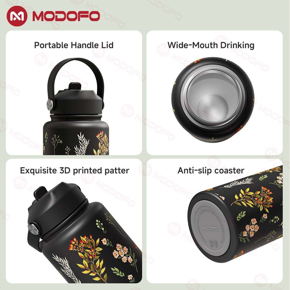 MODOFO 1000ML Portable Water Bottle with Straw Fashion Print Built-in Straw