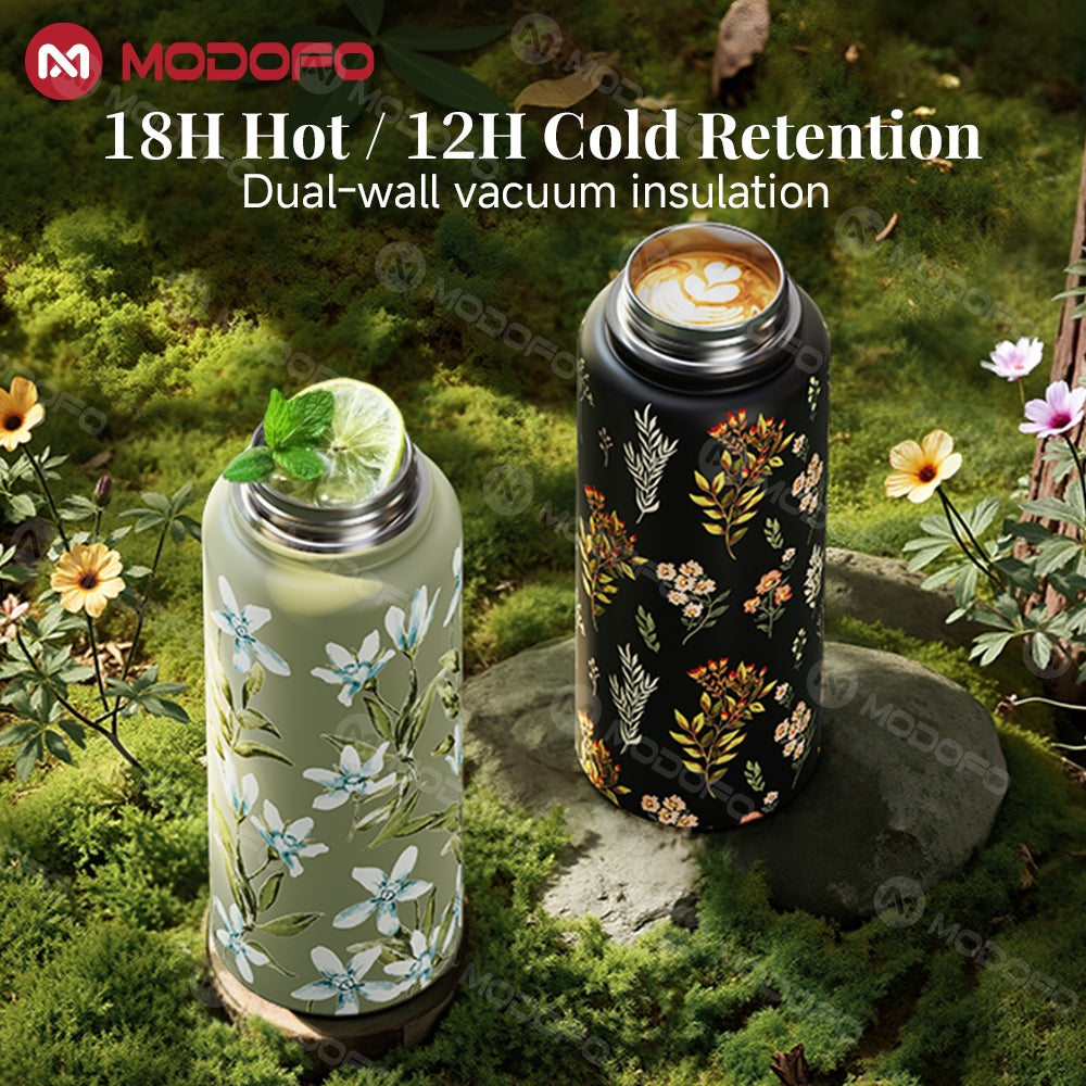 MODOFO 1000ML Portable Water Bottle with Straw Fashion Print Built-in Straw