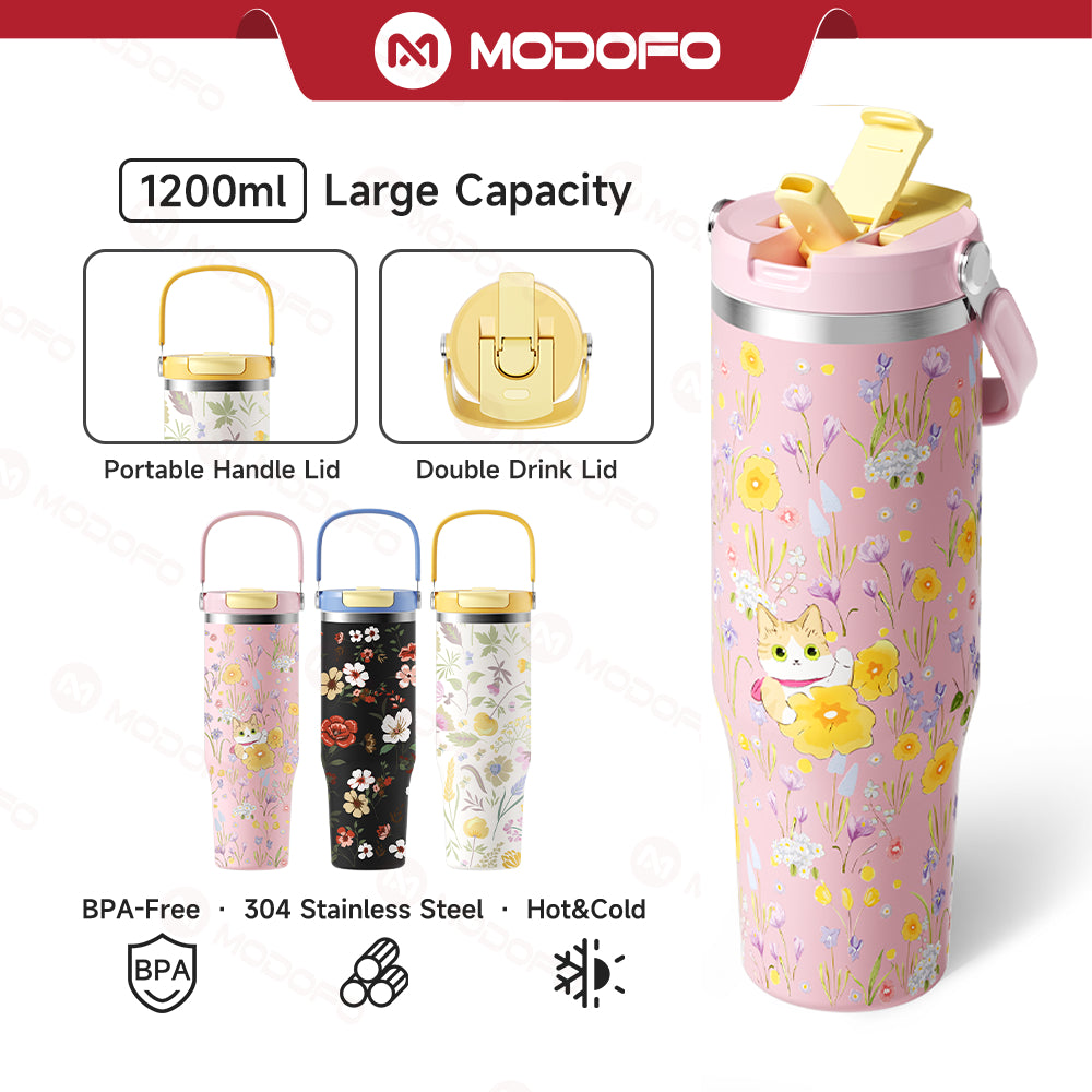 MODOFO 40 oz Insulated Tumbler with Straw | 1200 ml Large-Capacity Stainless Steel Travel Bottle