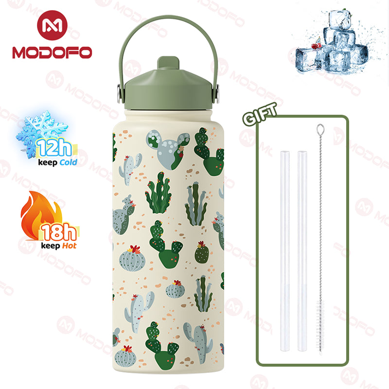MODOFO 1000ML Portable Water Bottle with Straw Fashion Print Built-in Straw