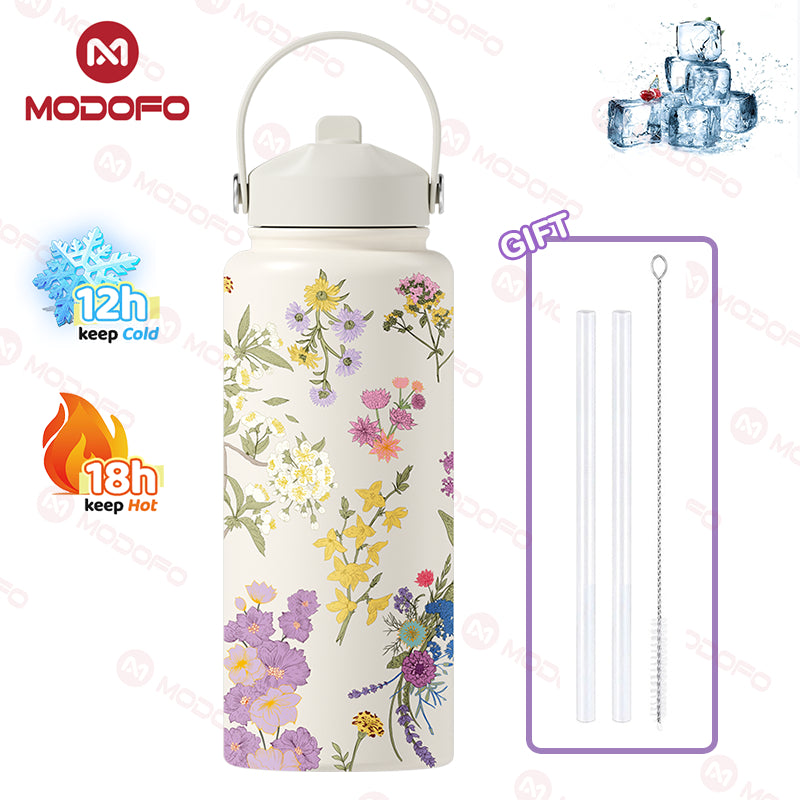 MODOFO 1000ML Portable Water Bottle with Straw Fashion Print Built-in Straw