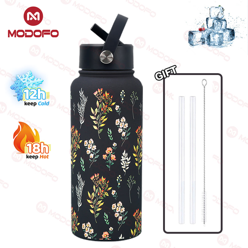 MODOFO 1000ML Portable Water Bottle with Straw Fashion Print Built-in Straw
