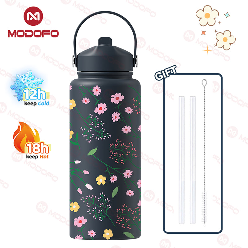 MODOFO 1000ML Portable Water Bottle with Straw Fashion Print Built-in Straw