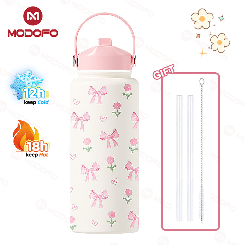 MODOFO 1000ML Portable Water Bottle with Straw Fashion Print Built-in Straw