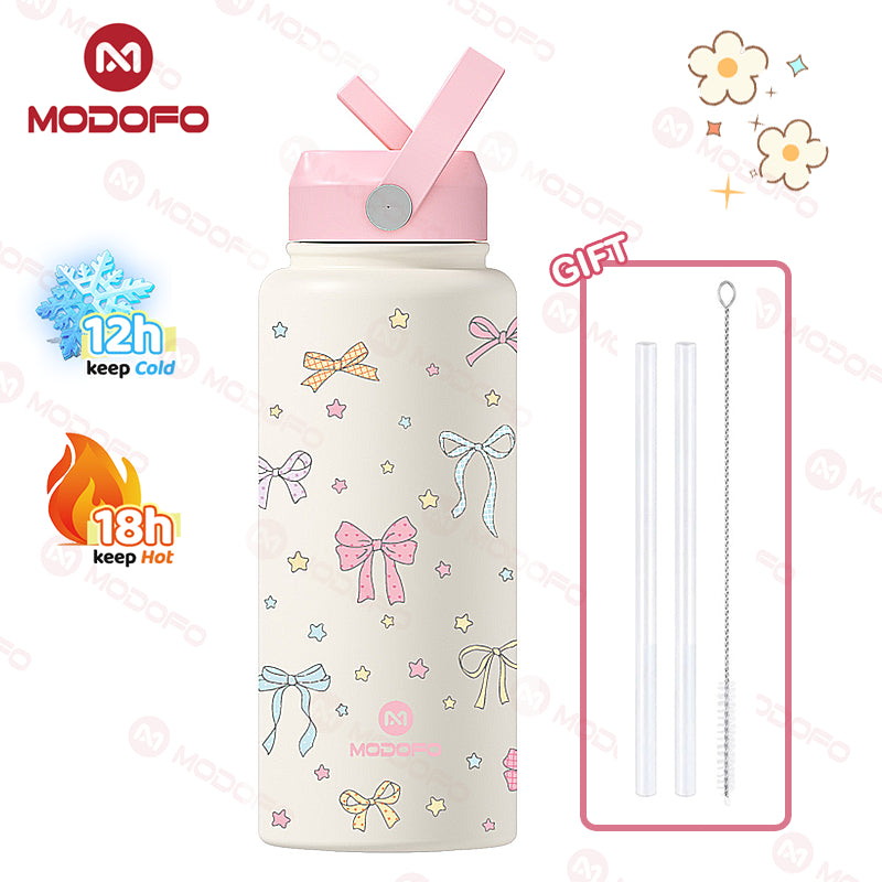 MODOFO 1000ML Portable Water Bottle with Straw Fashion Print Built-in Straw