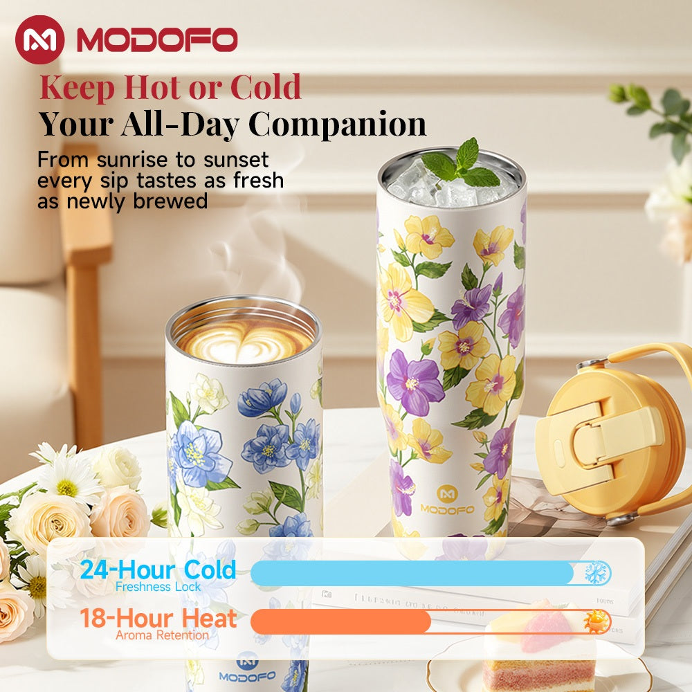 MODOFO 40oz Stainless Steel Insulated Tumbler with Straw – Large Capacity, Dual-Lid Design, Vacuum-Sealed for Hot & Cold Drinks