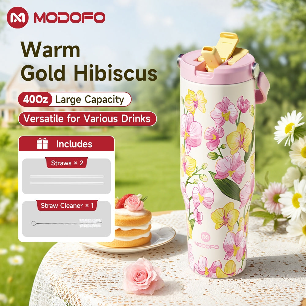 MODOFO 40oz Stainless Steel Insulated Tumbler with Straw – Large Capacity, Dual-Lid Design, Vacuum-Sealed for Hot & Cold Drinks