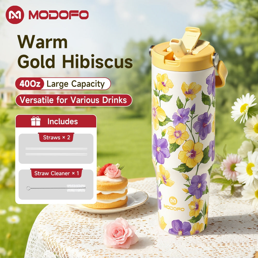 MODOFO 40oz Stainless Steel Insulated Tumbler with Straw – Large Capacity, Dual-Lid Design, Vacuum-Sealed for Hot & Cold Drinks