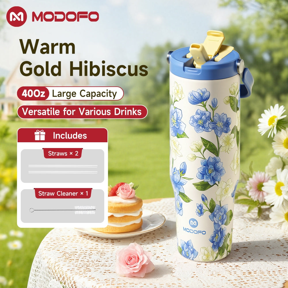 MODOFO 40oz Stainless Steel Insulated Tumbler with Straw – Large Capacity, Dual-Lid Design, Vacuum-Sealed for Hot & Cold Drinks