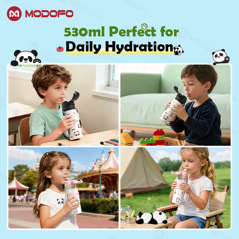 Tumbler Terisolasi Anak MODOFO Seri Panda 530ml dengan Sedotan | Botol Termos Stainless Steel