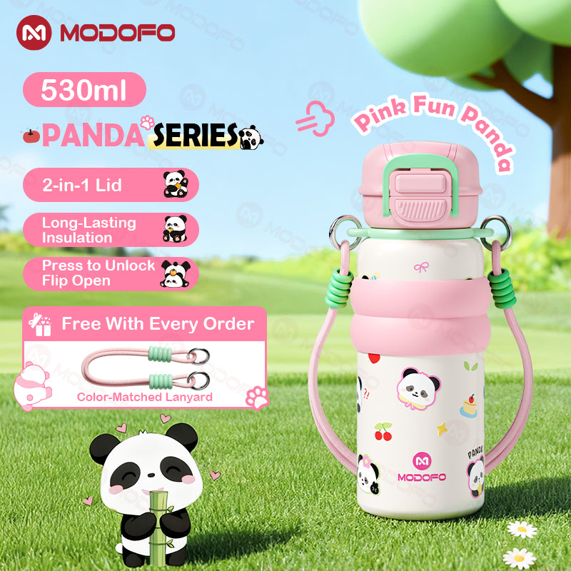 Tumbler Terisolasi Anak MODOFO Seri Panda 530ml dengan Sedotan | Botol Termos Stainless Steel