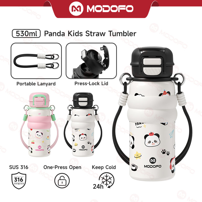 Tumbler Terisolasi Anak MODOFO Seri Panda 530ml dengan Sedotan | Botol Termos Stainless Steel