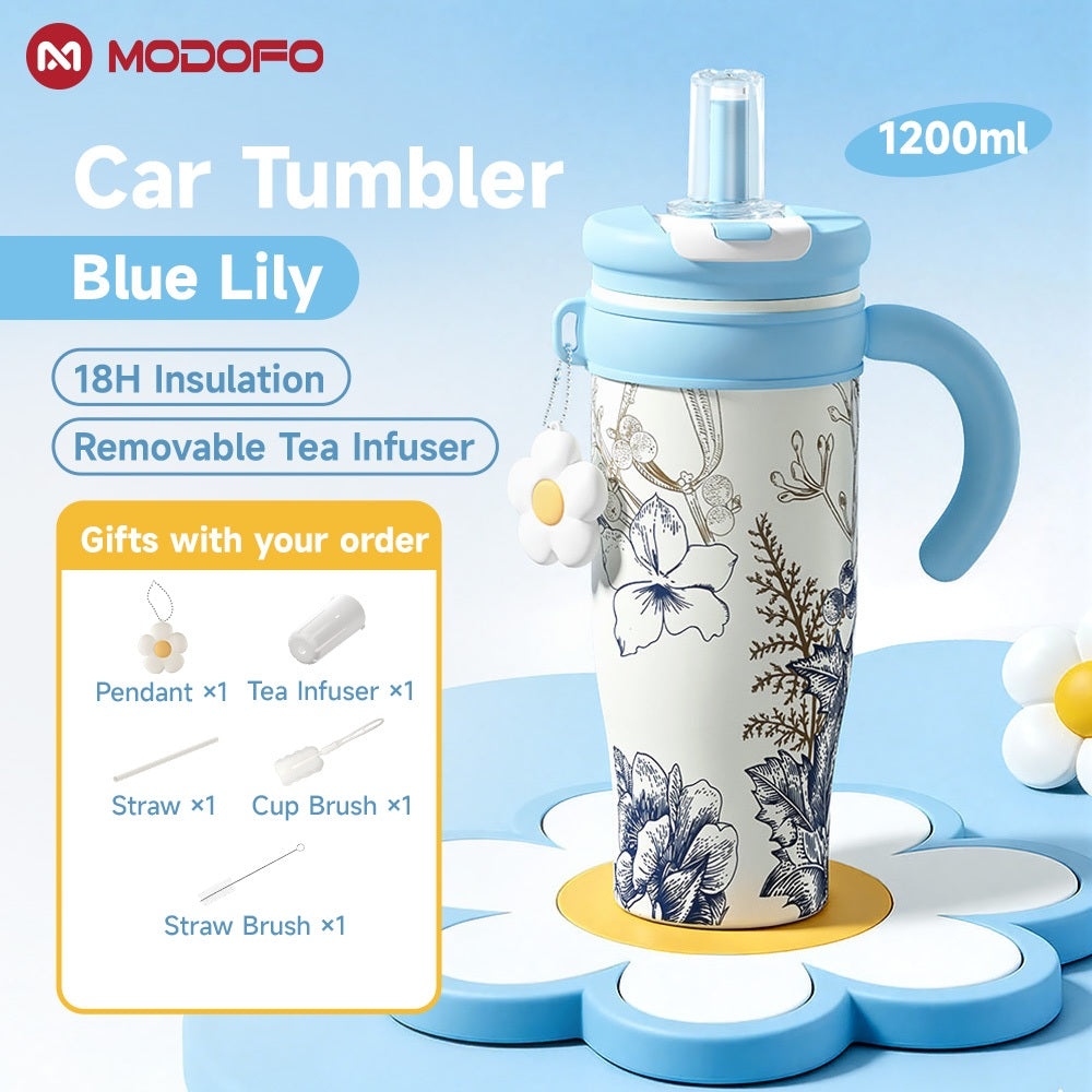 MODOFO 1200ml Ceramic Insulated Water Bottle | Tea Infuser + Straw Multi-functional Sports Water Bottle