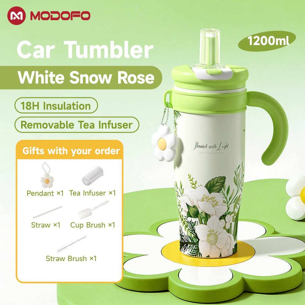 MODOFO 1200ml Ceramic Insulated Water Bottle | Tea Infuser + Straw Multi-functional Sports Water Bottle